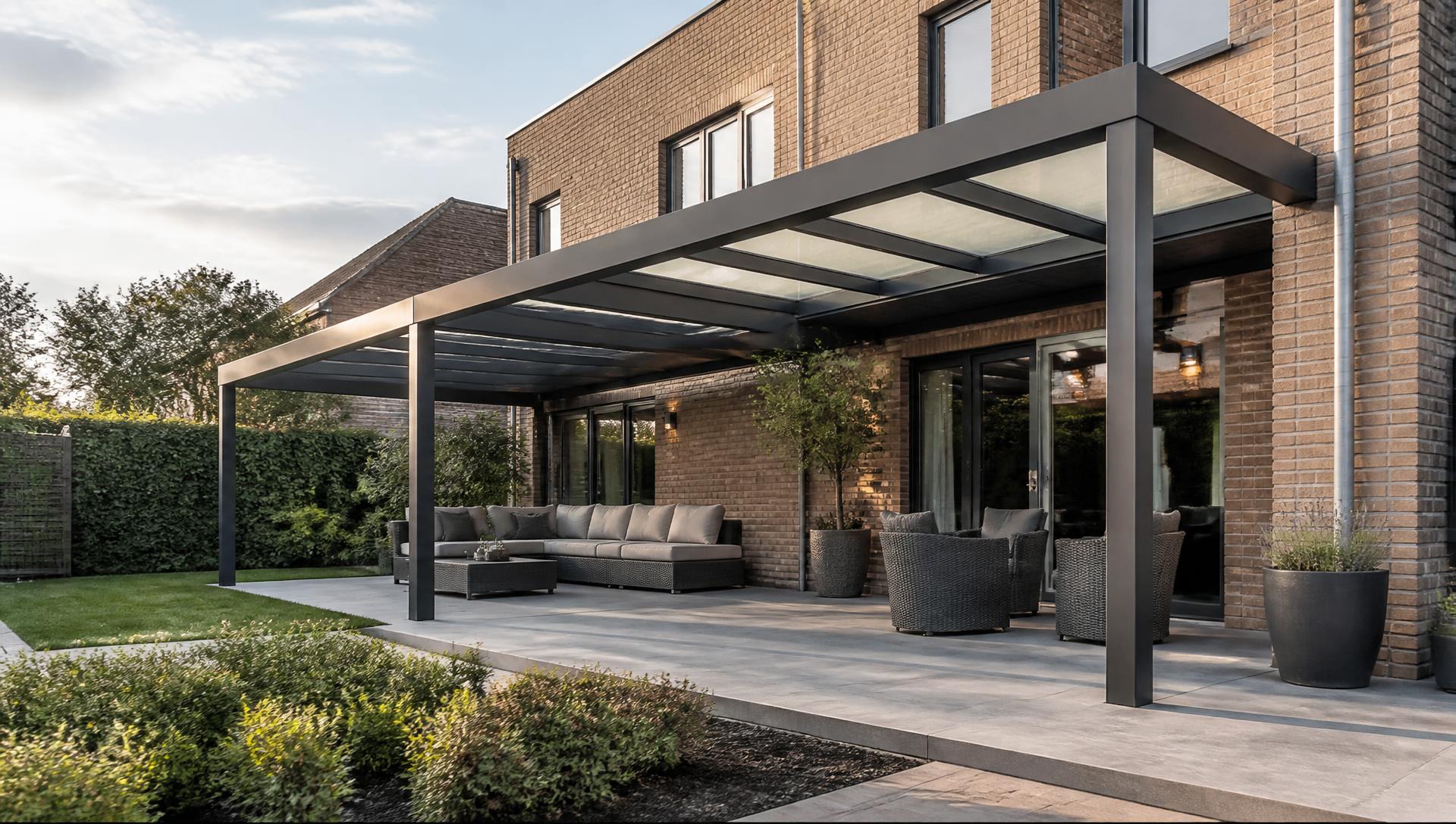 Moderne aluminium overkapping met glazen dak aan een woning